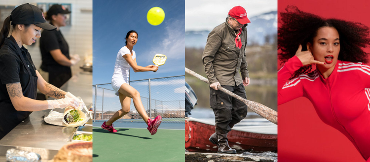 Four images of people doing various activities including, preparing food, playing pickleball, standing by a boat and posing for a picture.