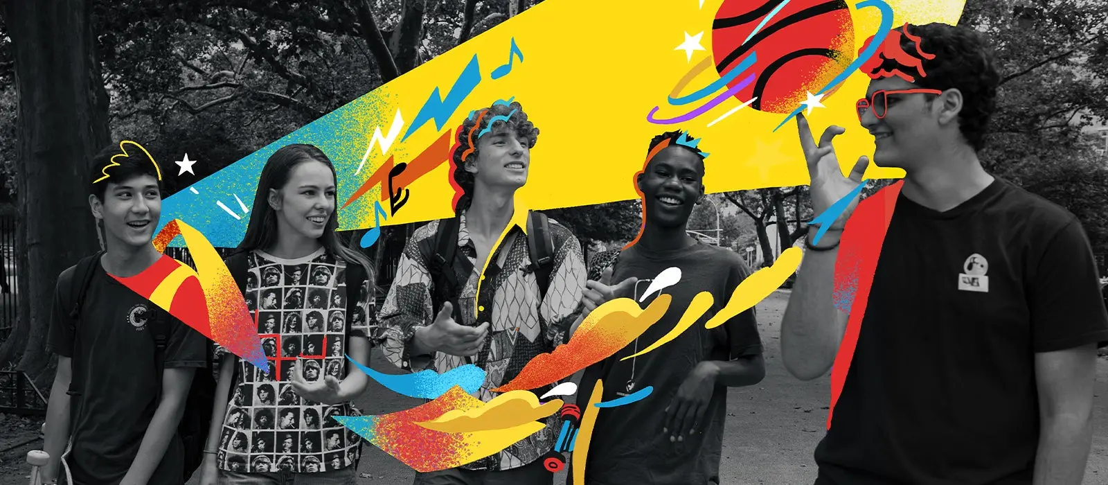 Black and white image of high school students smiling and walking outside. Colorful graphics stand out in contrast. 