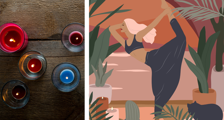 Left image burning candles, right image, illustration of woman doing yoga. 