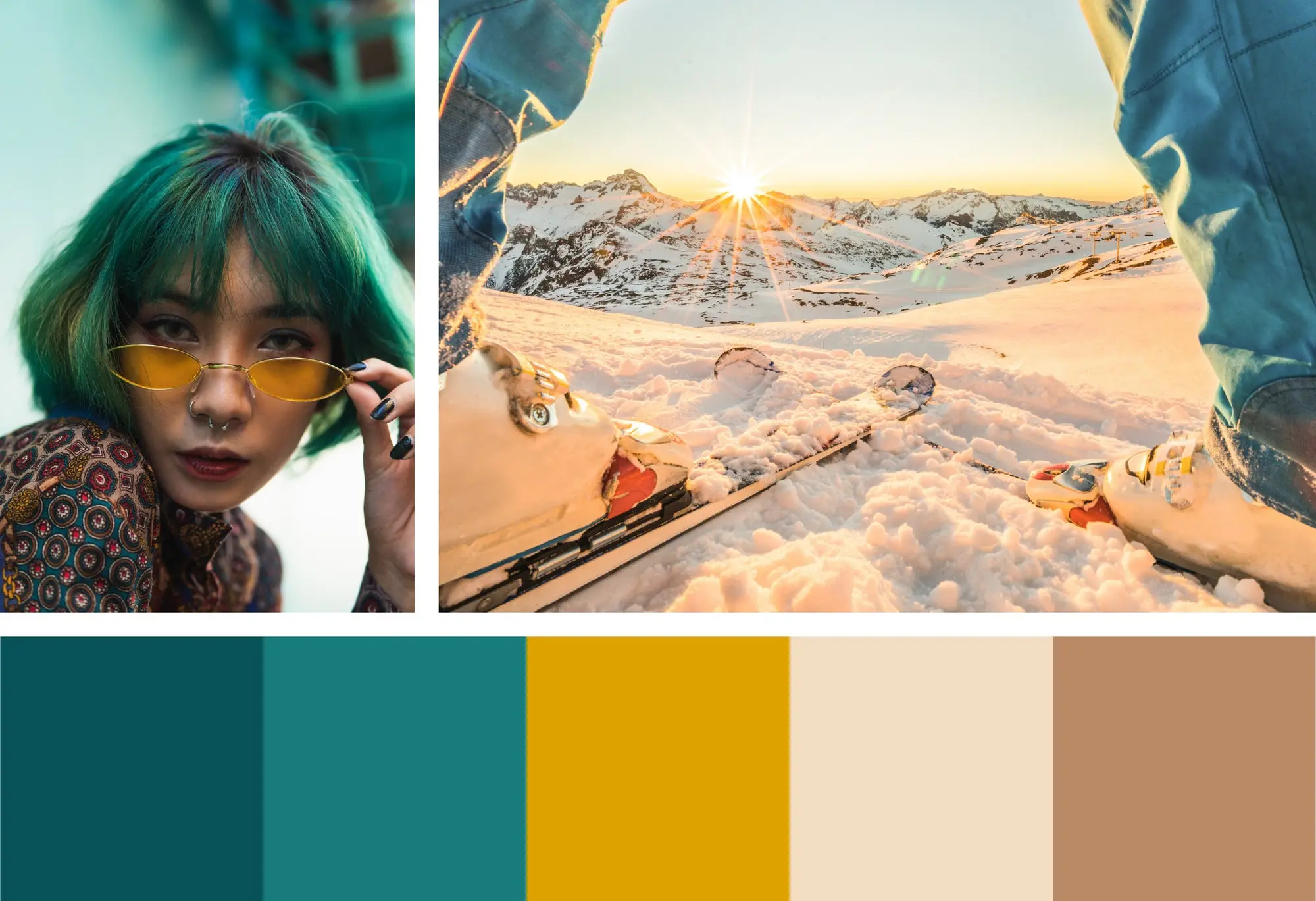 Collage of woman in colorful glassses, ski's facing a sunrise in the snow and a color palette. 