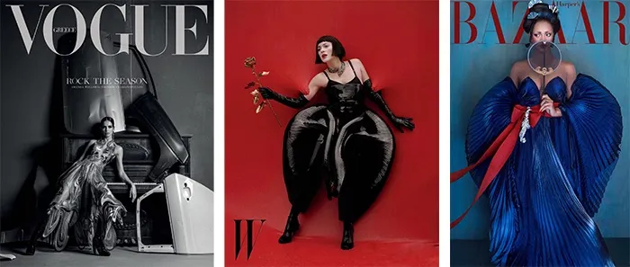 Images of Vogue, W, and Harper's Bazaar magazine covers with the model wearing IVH dresses