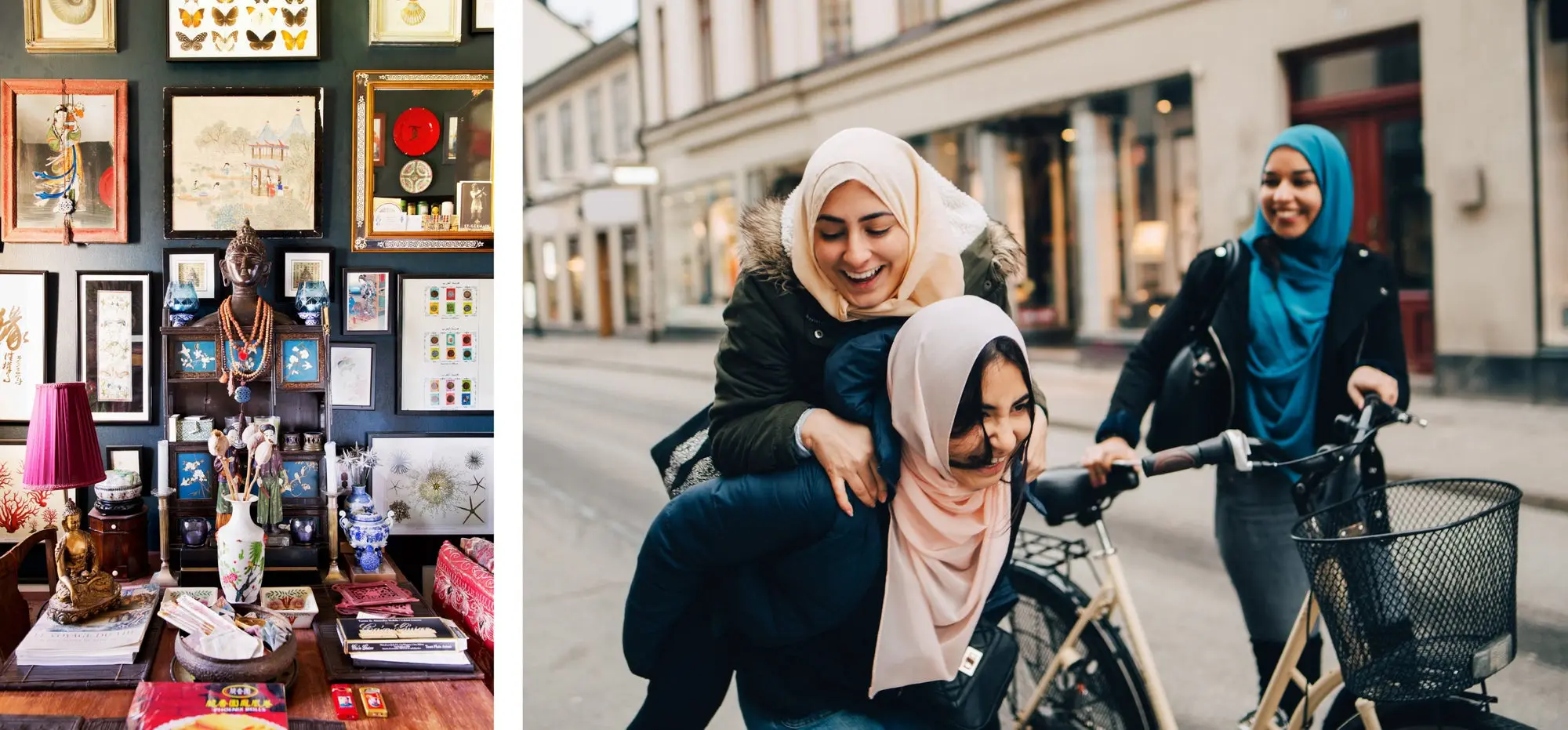Left image, room filled with eclectic art. Right image, women laughing together walking with a bike. 