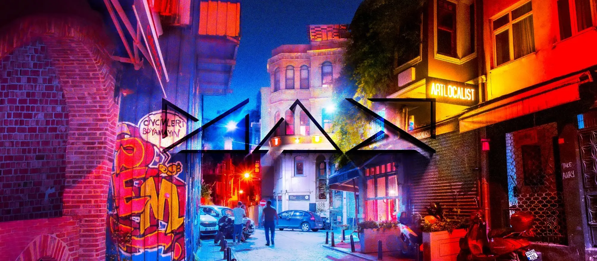 Colorful illustration of a street lit up at night. MAX 2021. 