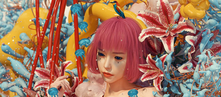 Art of woman with a colorful background of flowers. 