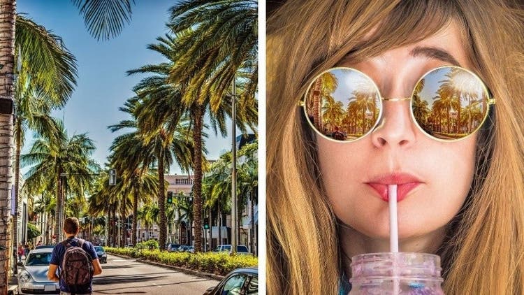 Side by side image of a man wearing a backpack and of a woman wearing sunglasses drinking out of a straw.
