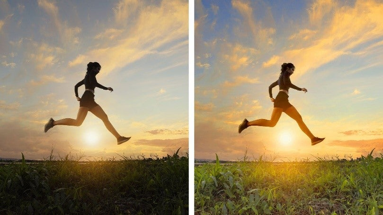 Side by side images of a woman running. 