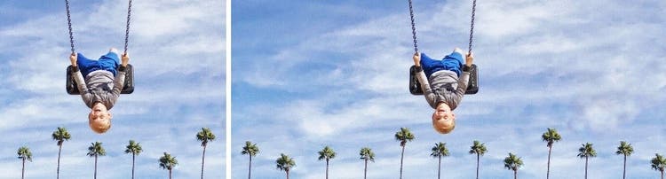 Side by side images of a boy on a swing.