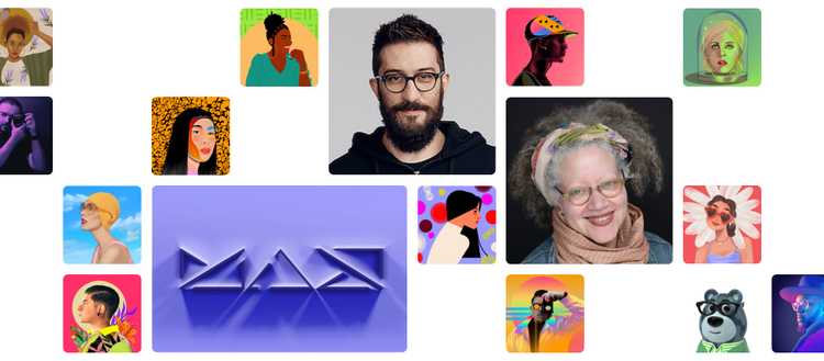 Illustrations and photos of people with colorful abstract art. 