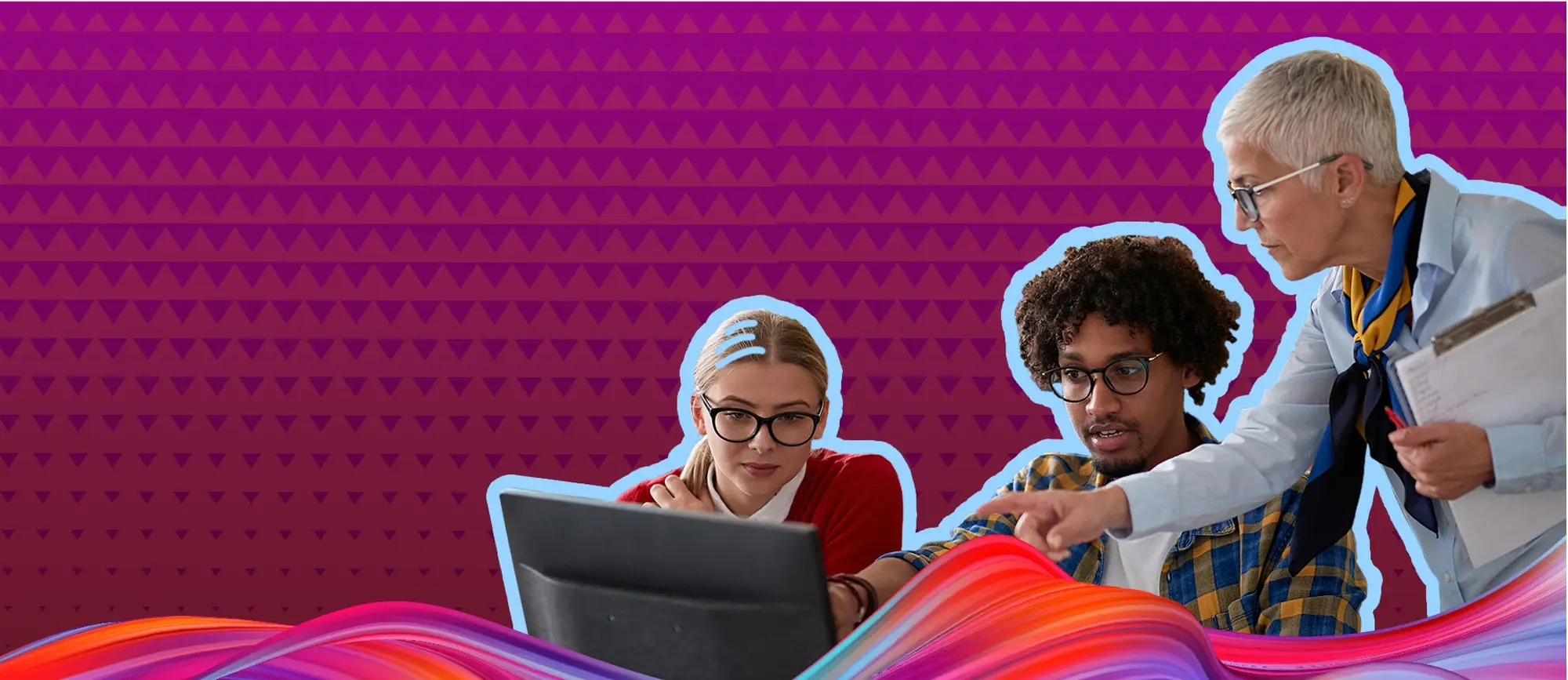 White female student with glasses, Black male student glasses and white female teacher with glasses all looking at a computer screen - they are center right of the photo with a pink and purple background.