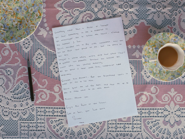 Photograph of hand written letter from Little Simz to her mother