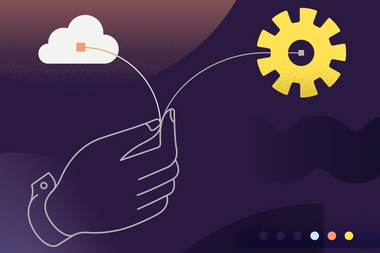 Illustration on a dark background of a connection between innovations and developers. 