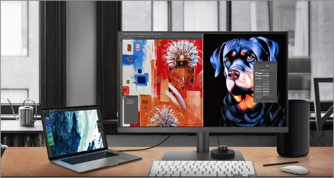 Image of a desktop and laptop with graphic illustration on the screens.