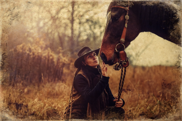 Retro style photograph of a woman and a horse.