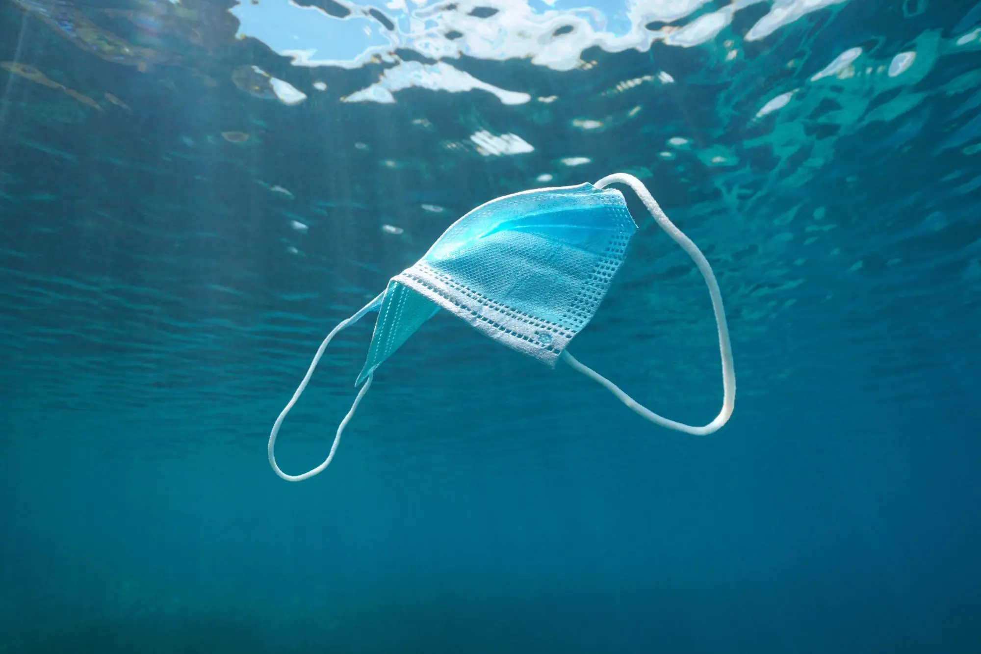 Disposable surgical face mask underwater, plastic waste in the ocean since coronavirus COVID-19 pandemic.