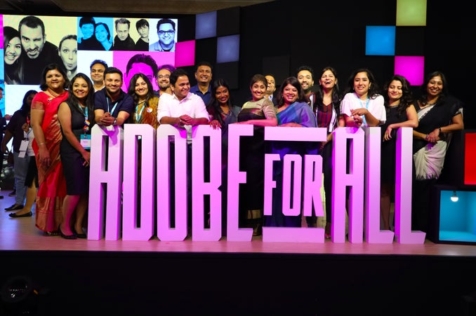 The Adobe India team at the Adobe For All Summit in 2019, celebrating diversity and inclusion. 