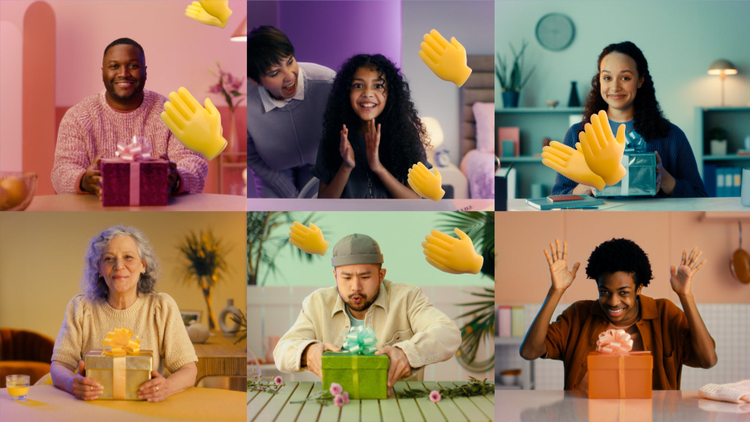Still taken from The Power of WE - a campaign by Microsoft and BUCK. Six frames with different people in each. Each frame is a different colour (orange, purple. blue, yellow, green, oraneg) and there is emoji hands clapping across the screen. 
