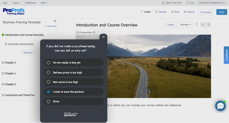 Screenshot of ProProfs introduction and course overview. 