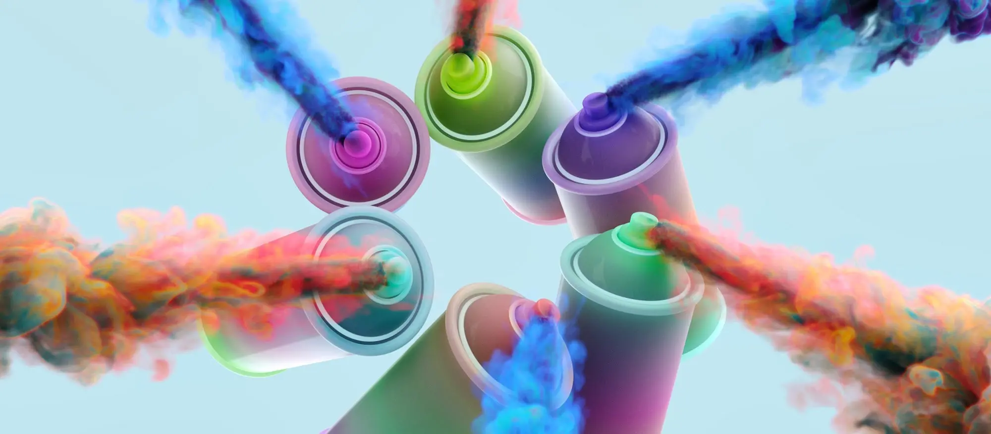 Colorful cans of spray paint. 