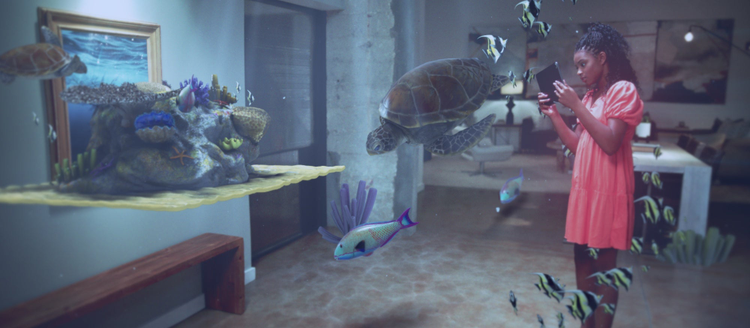 Image of 3D underwater animals with a girl on an electronic device. 
