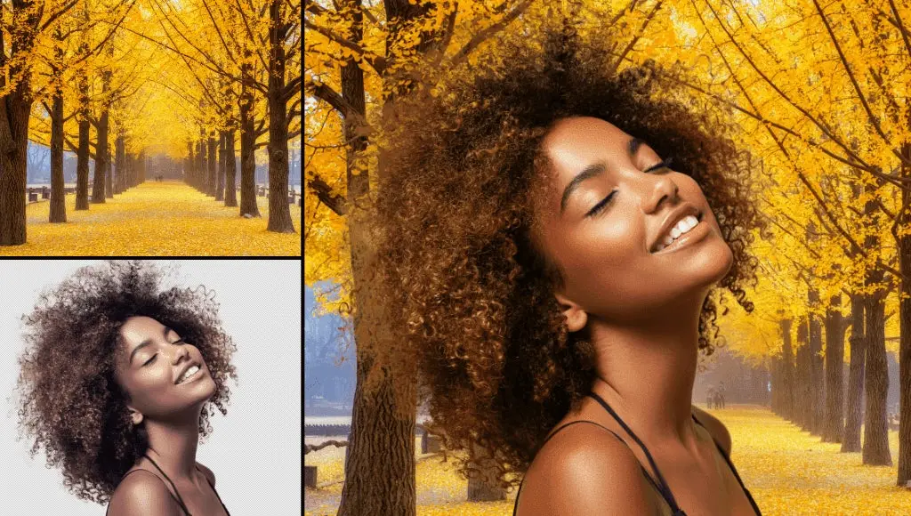 Three photos of a woman in front of golden trees. 