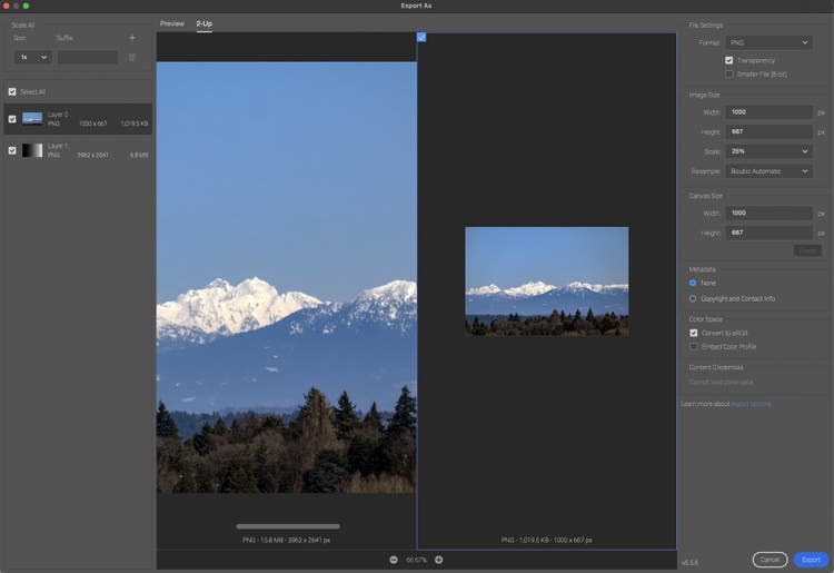 Screenshot of Photoshop's improved export as feature.