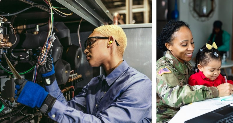 Two images of women working. 