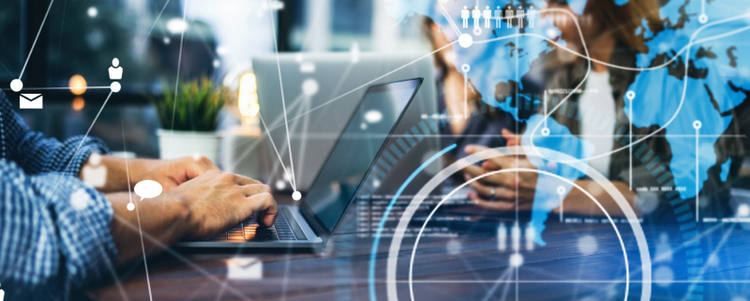 Digital image overlay of someone on a laptop. 