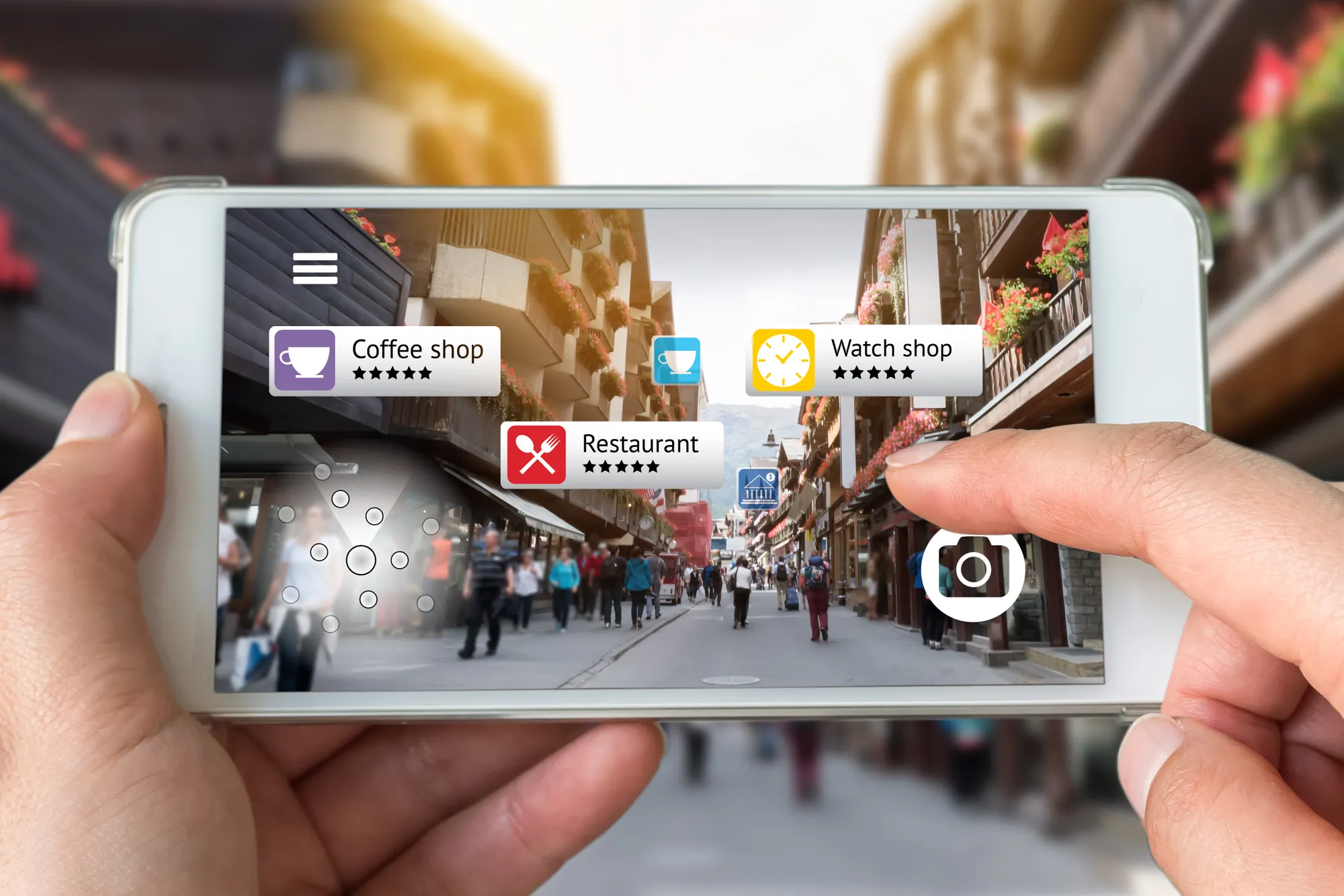 Augmented reality marketing concept. Hand holding smart phone use AR application to check relevant information about the spaces around customer.