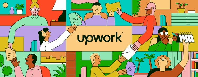 Illustration of people collaborating at the office with the Upwork logo.
