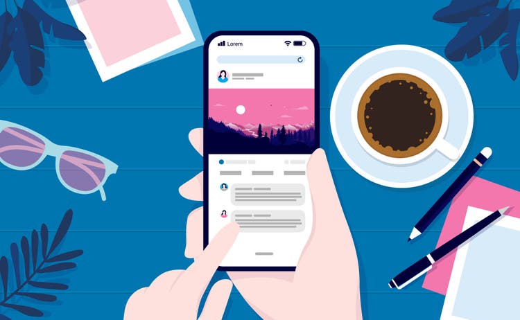 Hands using mobile phone reading and looking at pictures over table with coffee and sunglasses.