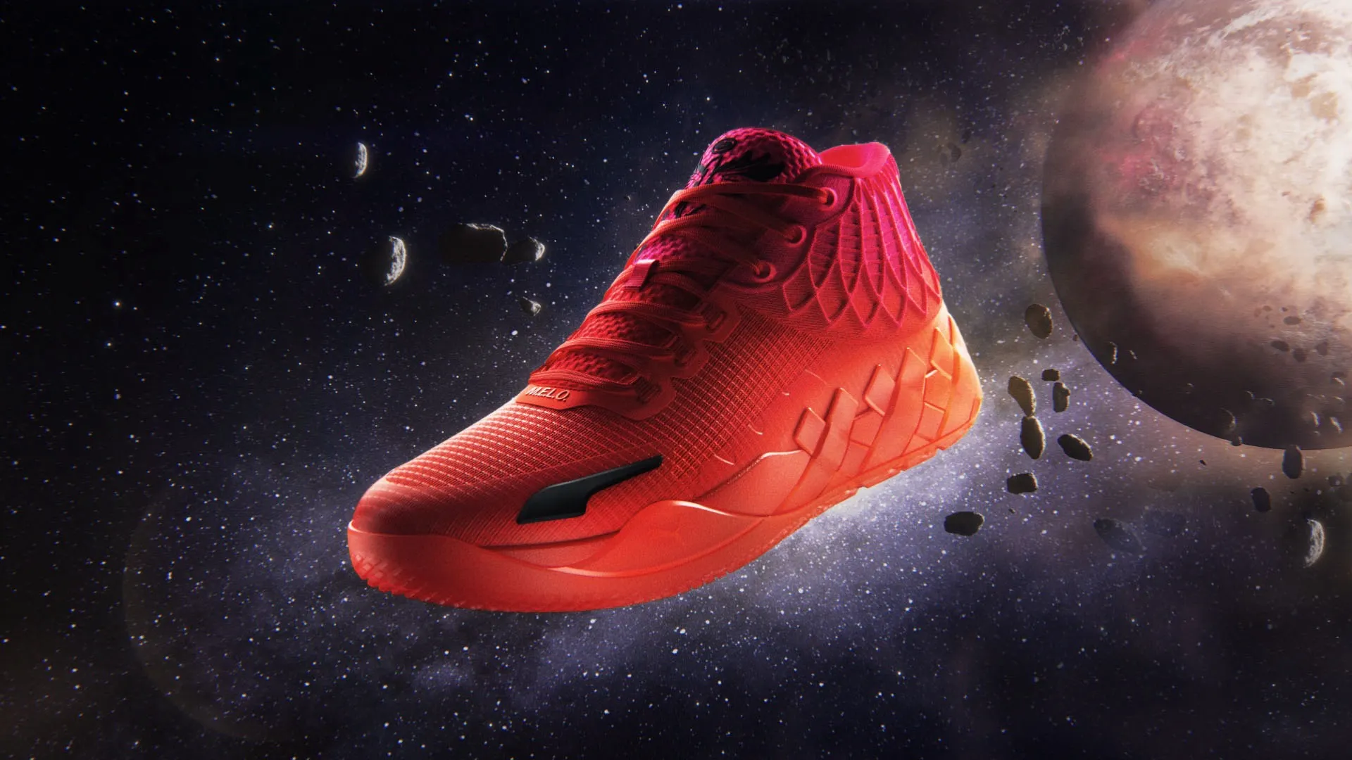 3D product visualization of a basketball shoe suspended against a 3D backdrop of outerspace. Asteroid debris are flying by the rear of the shoe while a separate 3D model of a planet can be seen in the upper right corner of the backdrop.