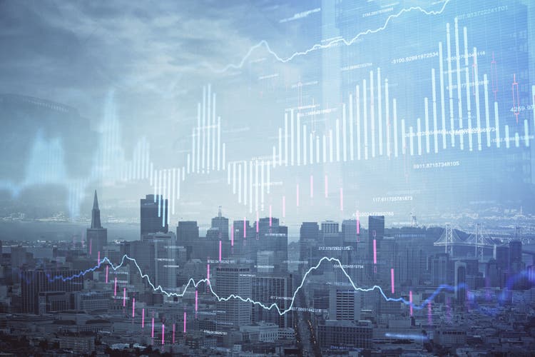 Forex graph on city view with skyscrapers background multi exposure. Financial analysis concept.