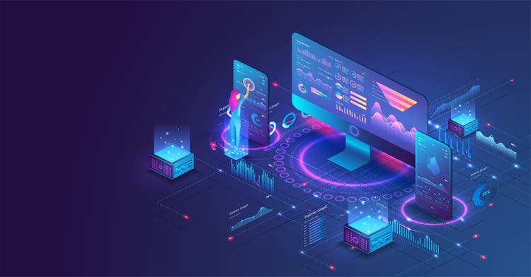The woman interacting with the statistical analysis and diagram. Data analysis in isometric vector design. Network mainframe infrastructure website layout. Data visualization concept.