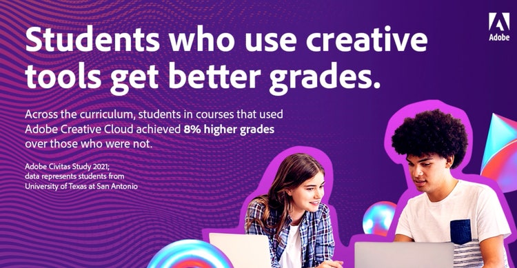 Infographic displaying text that students who use creative tools achieve better grades. 