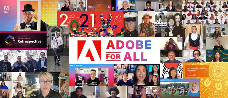 A collage of Adobe employees taking part in a variety of events celebrating diversity and inclusion and #AdobeForAll.