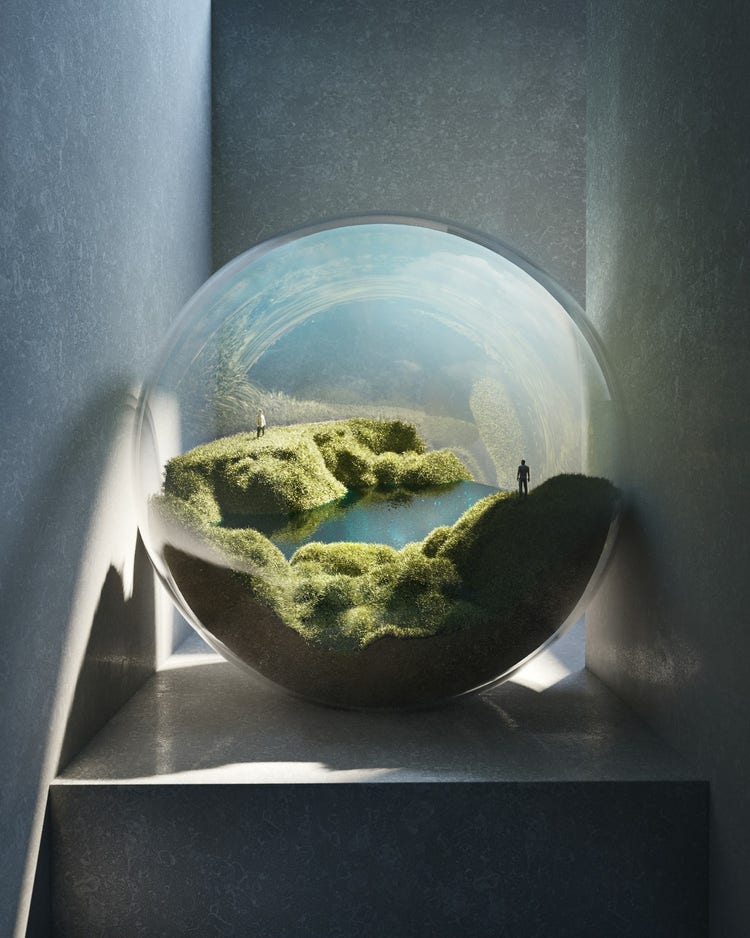 Image of two people inside a glass sphere. 