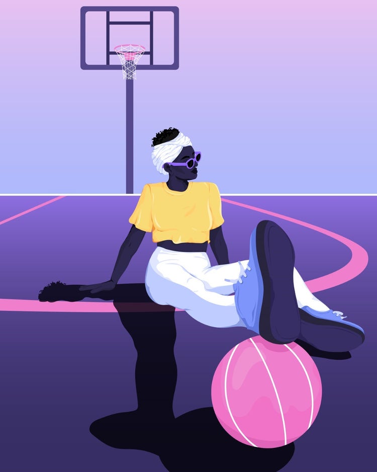 Illustration of woman sitting on a basketball court with her foot on the ball. 