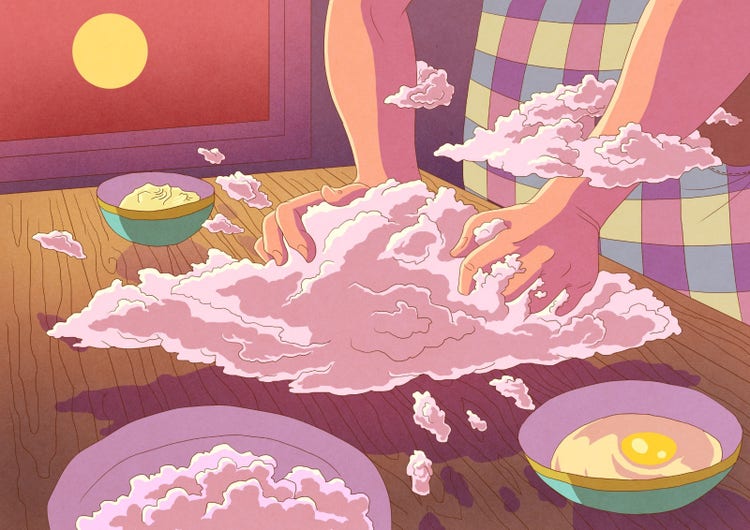 Illustration in pinks and purple hues.