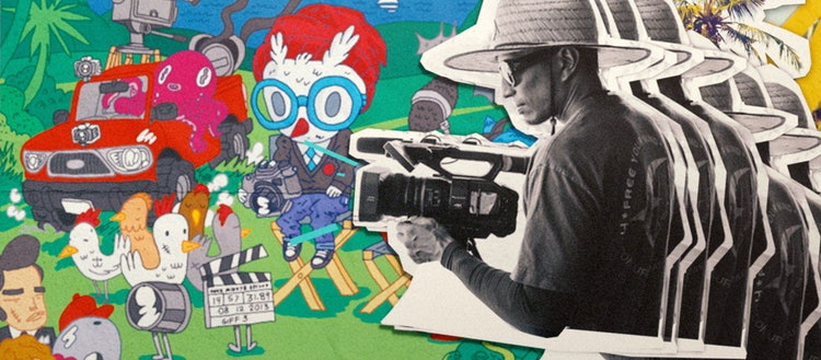 Illustration of colorful characters and an image of filmmaker Don Muna. 