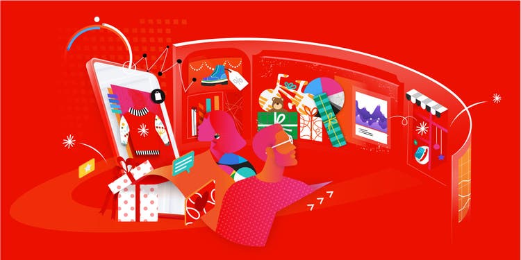 Graphic art of consumers on a red background. 