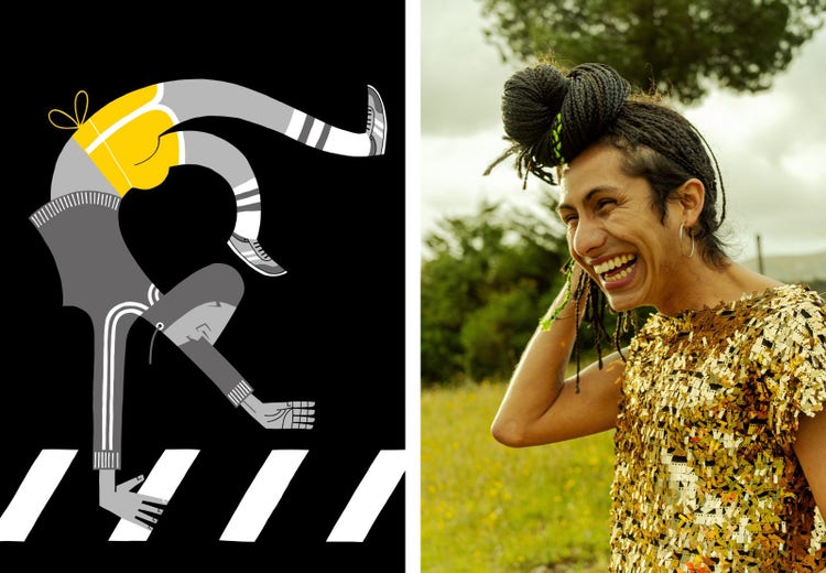 Illustration of man doing a hand stand and image of person outside smiling.