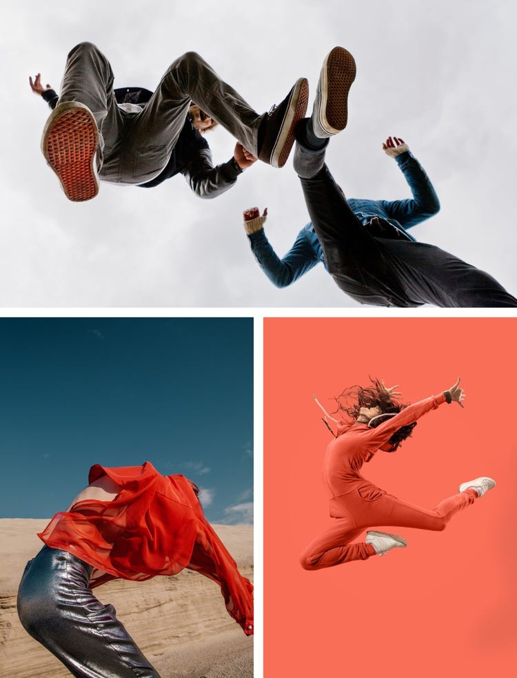 Collage of 3 people in the middle of movement. 