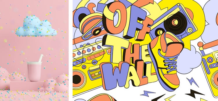 Left image is a drink with a pink background with with sprinkles and a blue cloud. Right iamge is an illustration of a shoe and radio's.