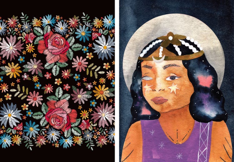 Left image is flower art and right image is a painting of a girl with stars on her face. 