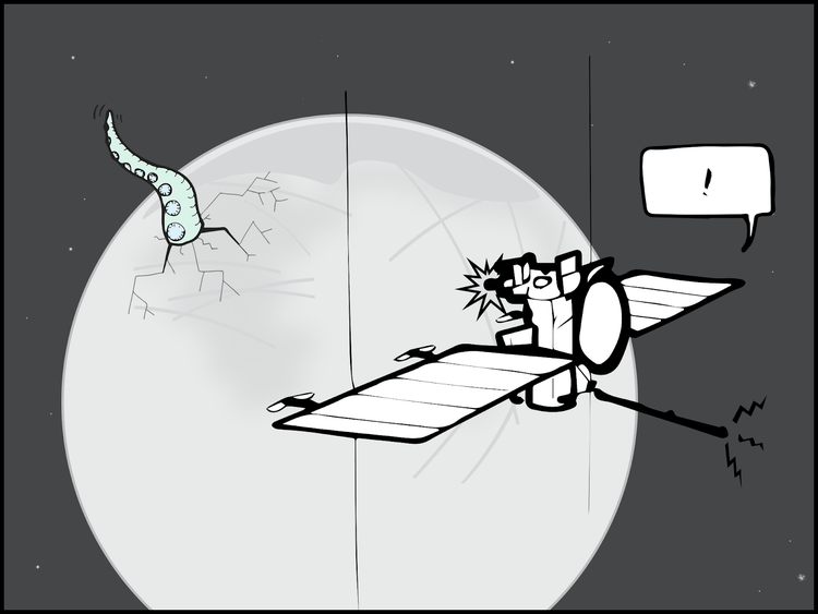 A storyboard panel for NASA JPL depicts an autonomous probe orbiting Jupiter, being alerted to a tentacle waving from the crust of Europa.