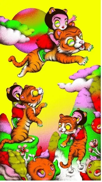 Illustration by Angela Ho: three anime-like characters riding on the back of three tigers. The background is yellow with multi-coloured clouds and mountains