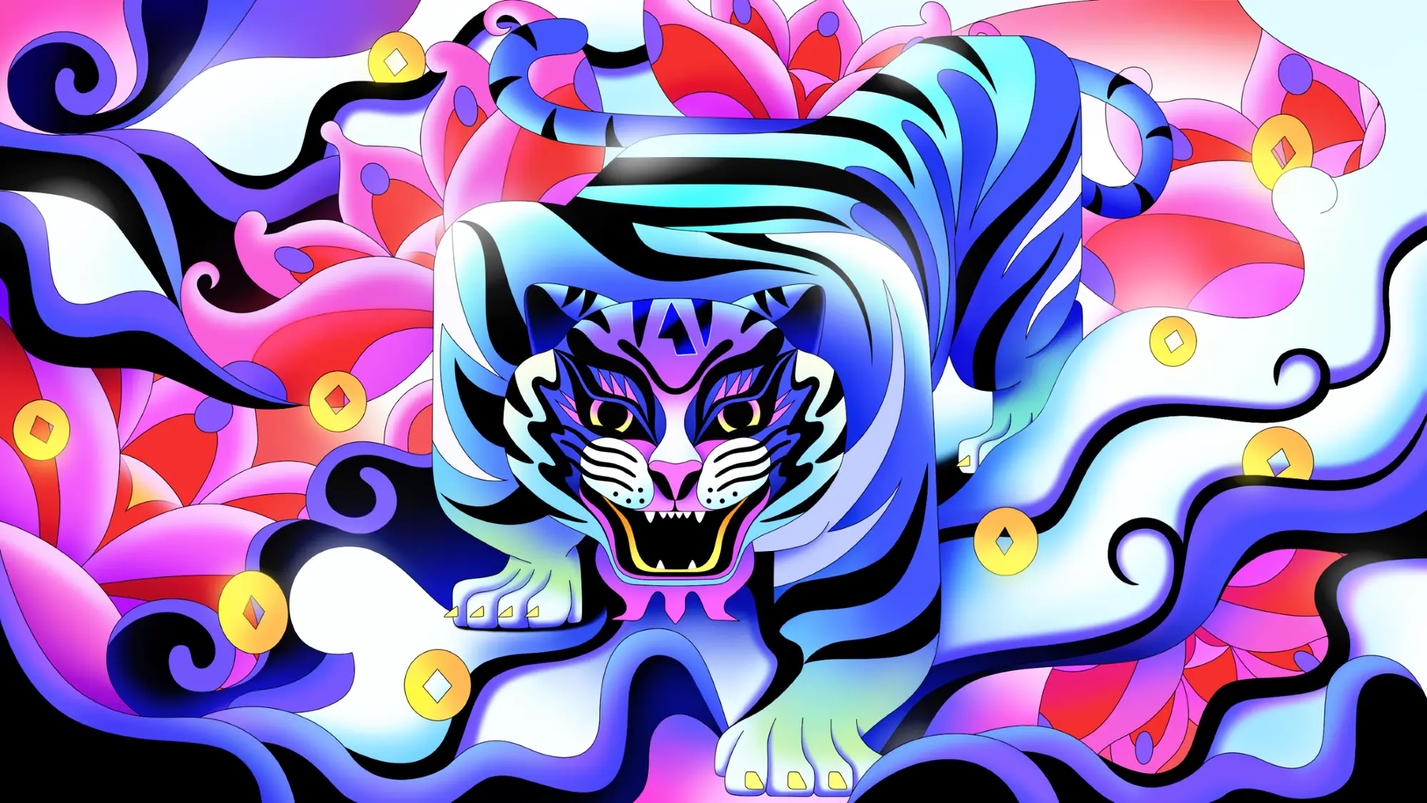 Artwork by Flatwhite Motion: A graphic design of a cartoon Tiger that is growling and stalking forward. The Tiger is surrounded by a design of red, pink, purple and blue swirls. 