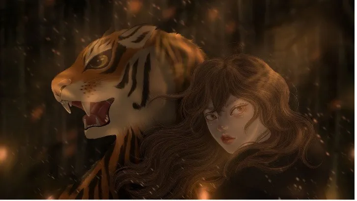 Artwork by Binko Octa: An anime like illustration of a woman (right) next to a tiger (left). The tiger looks to the right while the woman looks behind her to the left. The colours are dark and mysterious. 