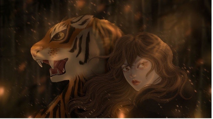 Artwork by Binko Octa: An anime like illustration of a woman (right) next to a tiger (left). The tiger looks to the right while the woman looks behind her to the left. The colours are dark and mysterious.