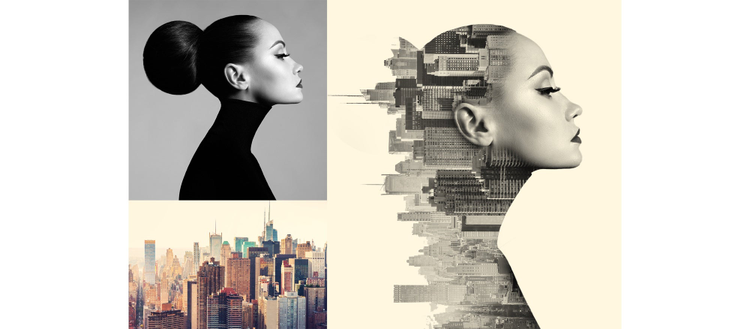 Collage of women and an image of bui